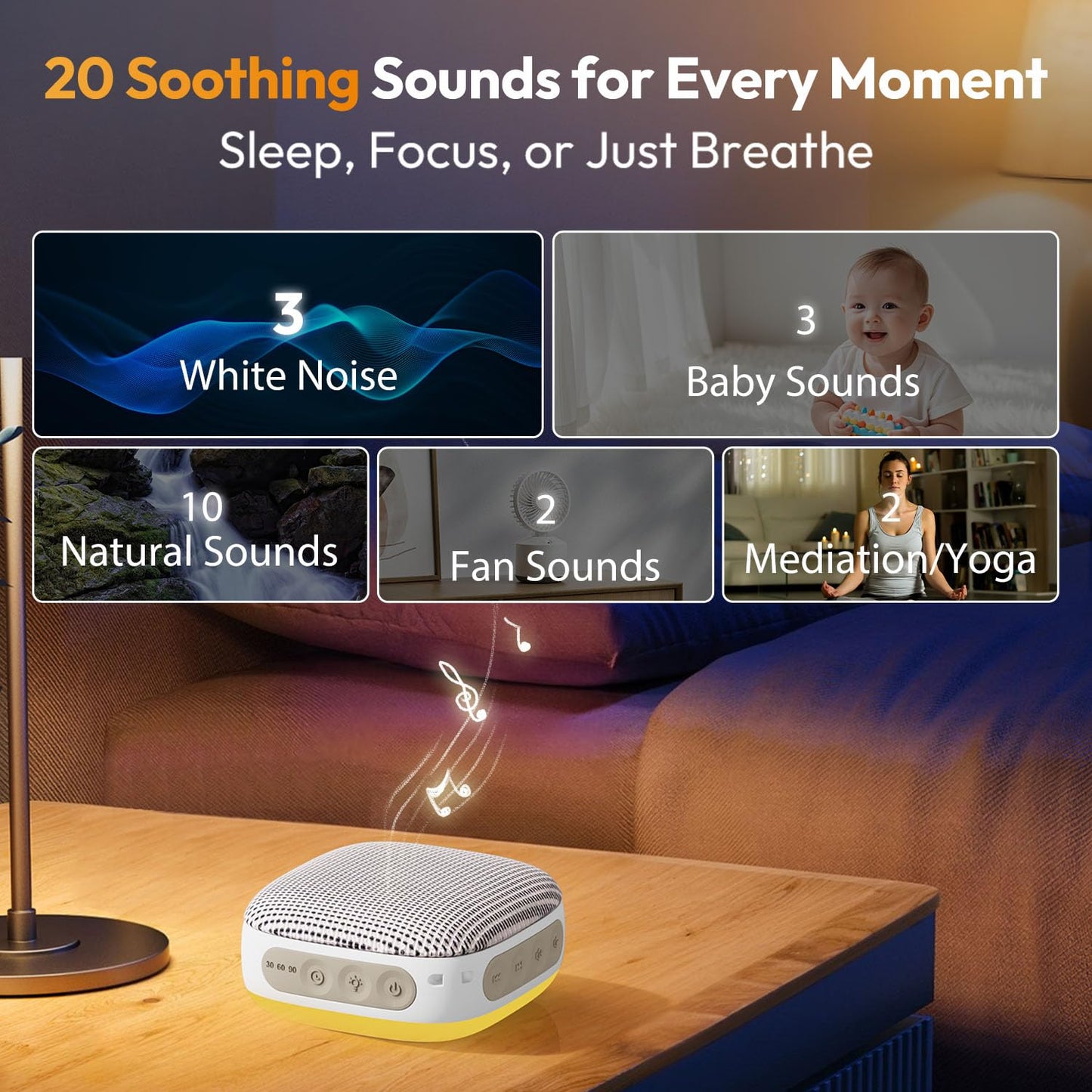 White Noise Sound Machine for Sleeping Adults – with Amber Breathing Night Light, Headphone Jack, 20 Non-Looping Sounds, 52-Hour Battery, Timer & Memory (Khaki)