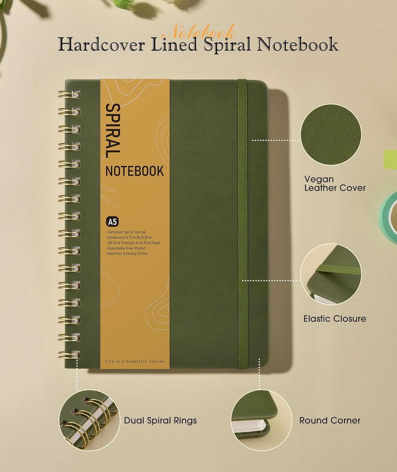 Dotted Spiral Journal Notebook, A5 Hardcover Spiral Journals for Women Men, 100 GSM Dot Grid Paper Notebooks, 150 Pages Spiral Bullet Dotted Notebook for Writing Note Taking 5.75" x 8.38" Olive Green