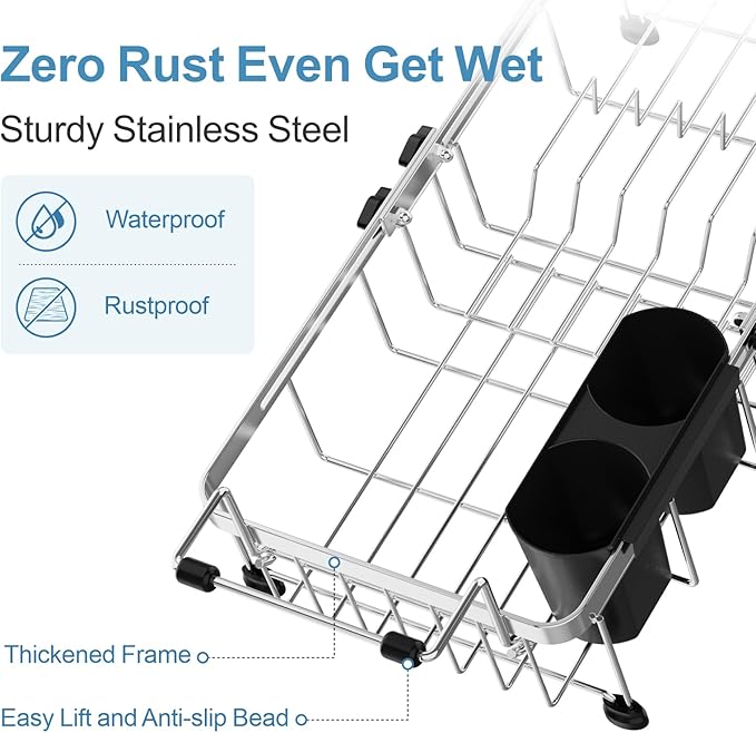 GSlife Small Sink Dish Drying Rack - Stainless Steel Capacity Extendable Narrow Dish Drainer for RV Sink Apartment Kitchen, 11.9"-16.7" L x 9" W x 5.7" H, Silver