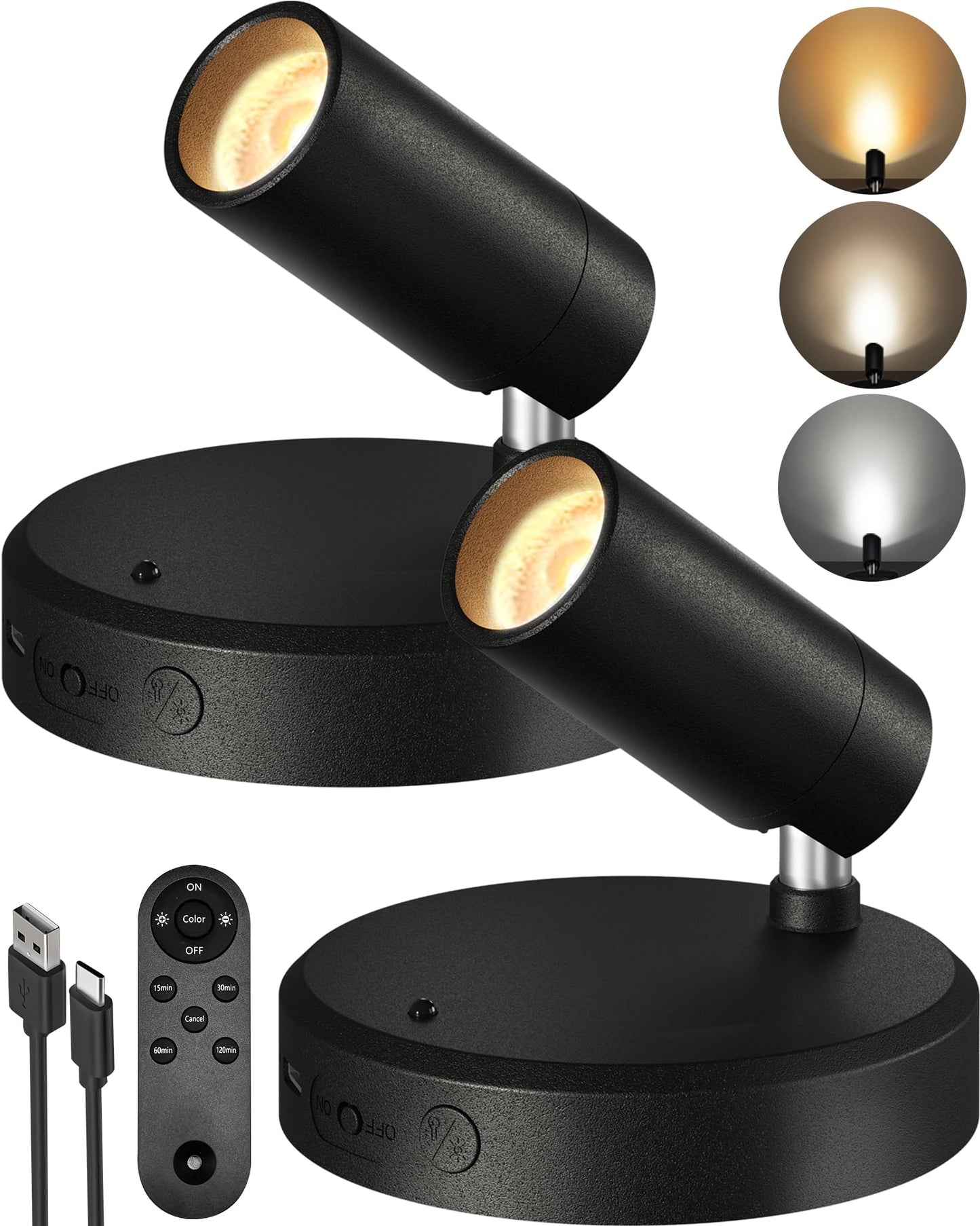Ezvalo Spotlights Indoor With Remote  5500Mah Rechargeable Picture Lights  Wireless Led Uplighting With Timer&Dimmable  3Cct  Display Lights For Plant discomfort-reducingting  Artwork  Accent Lighting (2Pack-Black)