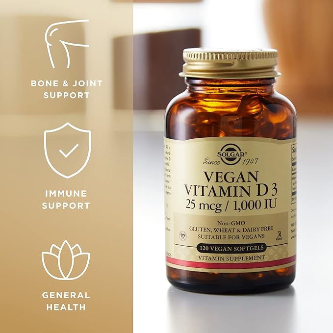 SOLGAR Vegan Vitamin D3 (Cholecalciferol) 25 mcg (1,000 IU) - 120 Softgels - Immune Support, Helps Maintain Healthy Bones & Teeth - Non-GMO, Certified Vegan, Gluten & Dairy Free - 120 Servings