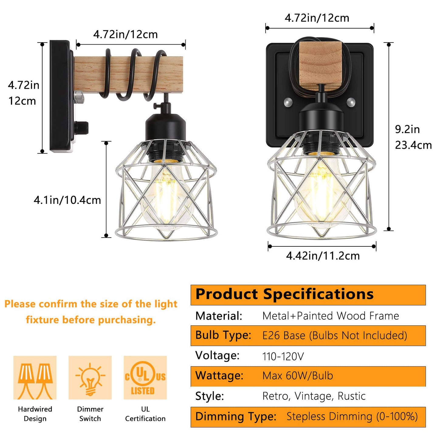 Fadimikoo Wall Sconces Set Of Two  Bedside Wood Wall Lamps With Rotary Switch  Black Bathroom Vanity Light With Silver Wire Cage  Rustic Dimmable Sconces Wall Lighting For Living Room  Hallway  Mirror