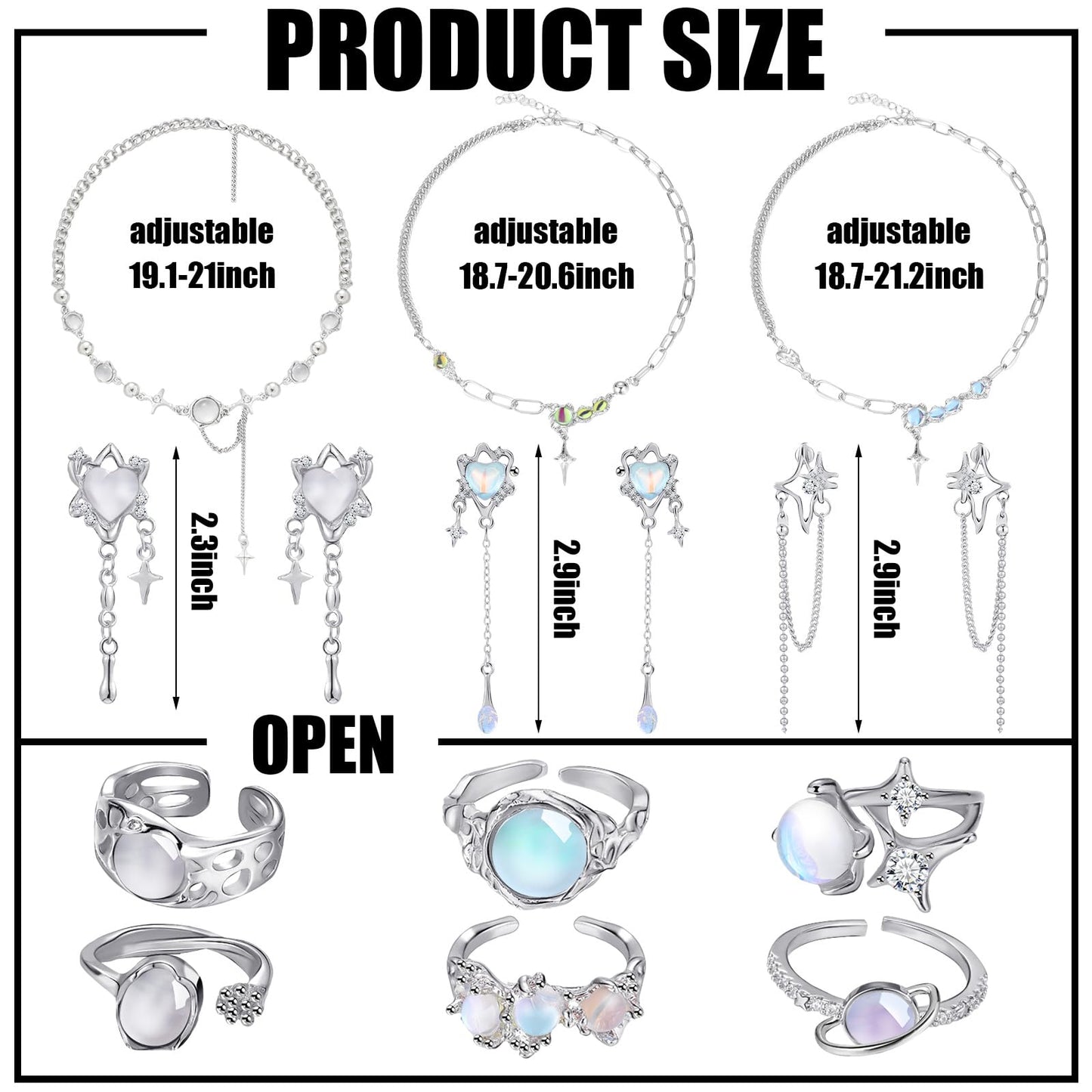 Tondiamo 12 Pcs Y2k Necklace Jewelry Set Y2k Star Moonstone Accessories Irregular Pendant Earrings Dangling Silver Rings Aesthetic Crystal Jewelry Gifts Indie Punk Rings Adjustable for Women
