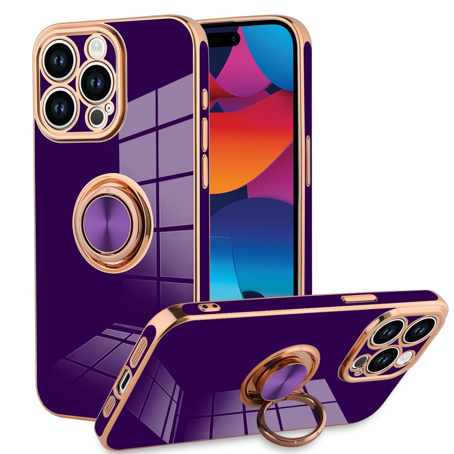 Kanghar Phone Case Compatible With Iphone 15 Pro For Women Girls, Plating Built-In 360 Rotation Magnetic Ring Kickstand Holder S