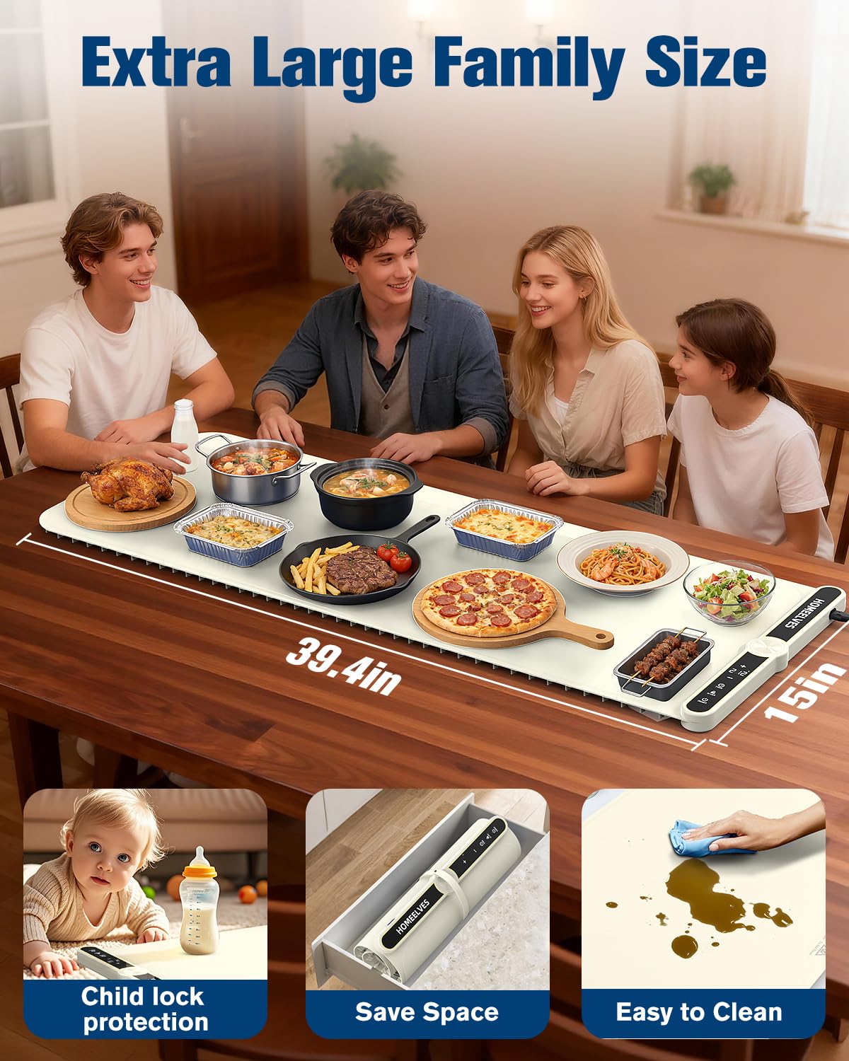 Warming Mat for Food Extra Large 39.4”X15”, 8S Rapid Heating Electric Warming Tray with 9 Temp Setting and 6H Timer, Food Warming Pad, Portable Food Warmers for Parties Buffet, Beige