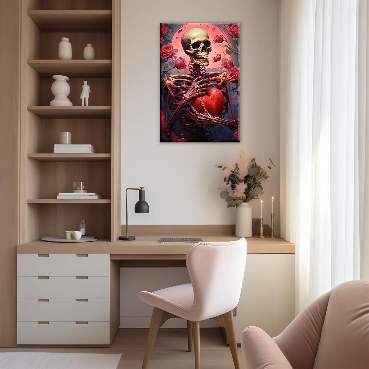 OAAPITI Skull Skeleton Canvas Wall Art Skull Holding Heart Picture Print Romantic Theme Painting Artwork Gothic Poster Wall Decor Living Room Halloween Decor(Artwork-1,20"x30")