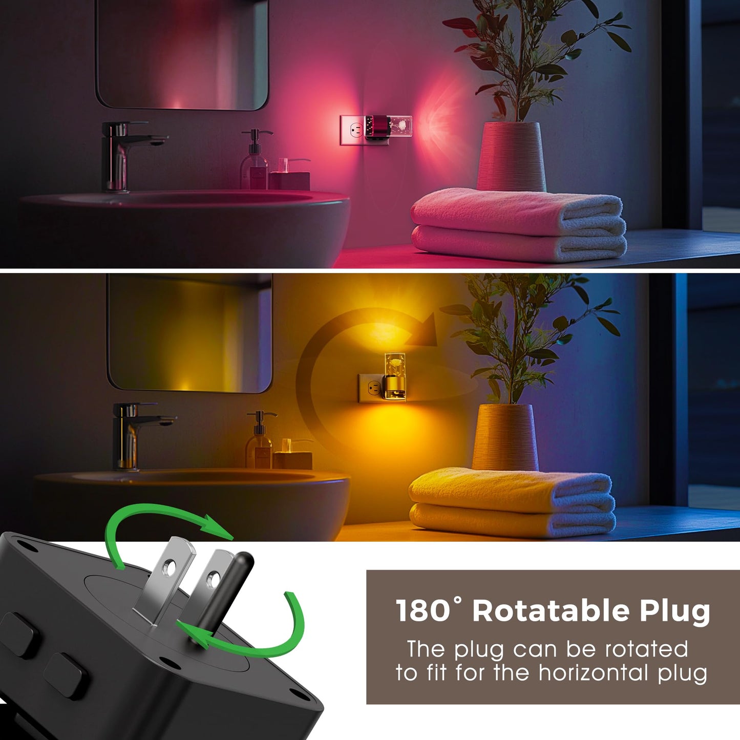 L LOHAS LED Night Light, Color Changing, Dusk to Dawn Sensor, Adjustable Brightness, 2 Pack, Gold Ring-Rose RGB, Model A-GY19709RSUS-2