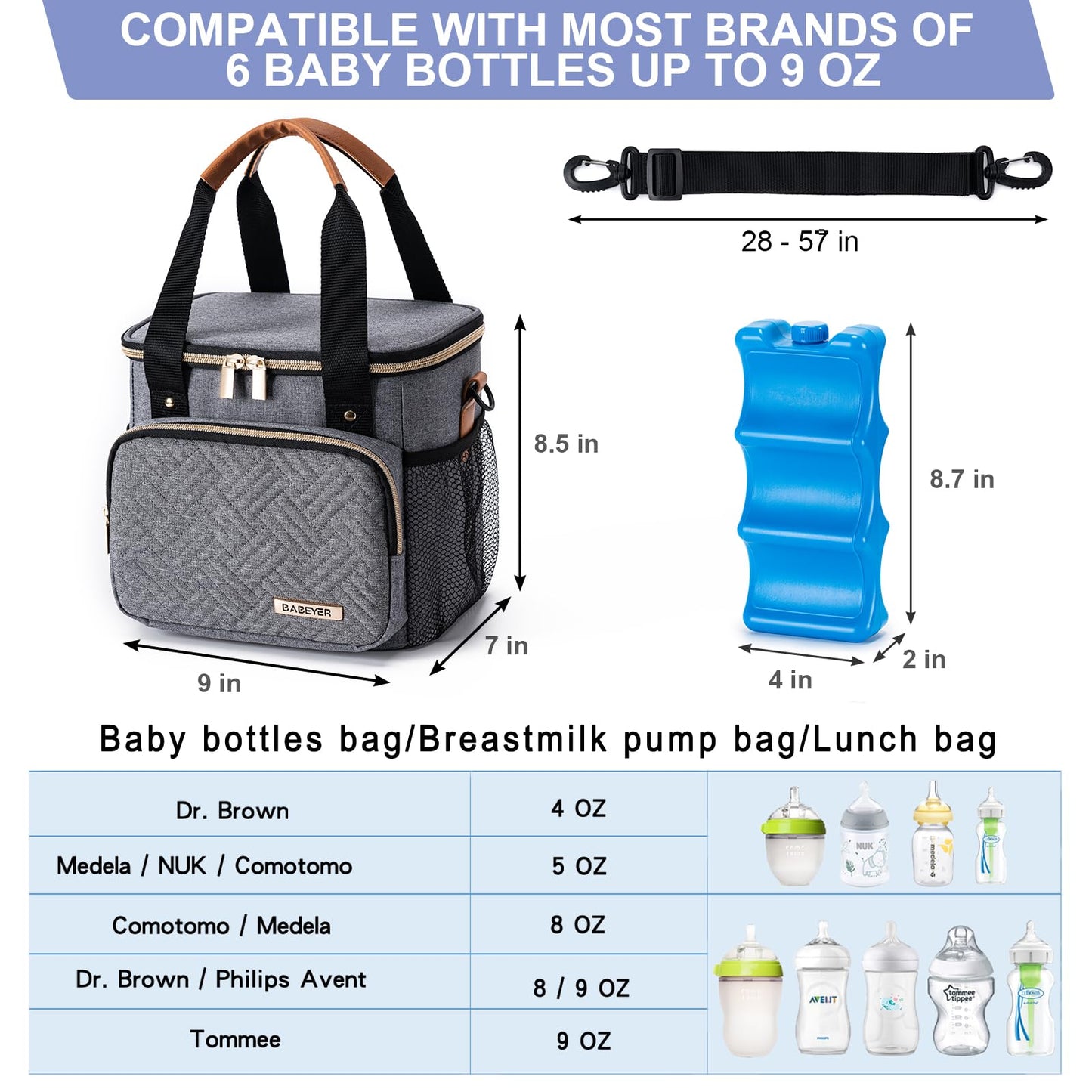 BABEYER Breastmilk Cooler Bag with Ice Pack Fits 6 Baby Bottles up to 9 Ounce, Breast Milk Pump Cooler Bag for Nursing Mom Daycare, Work, Travel-Grey