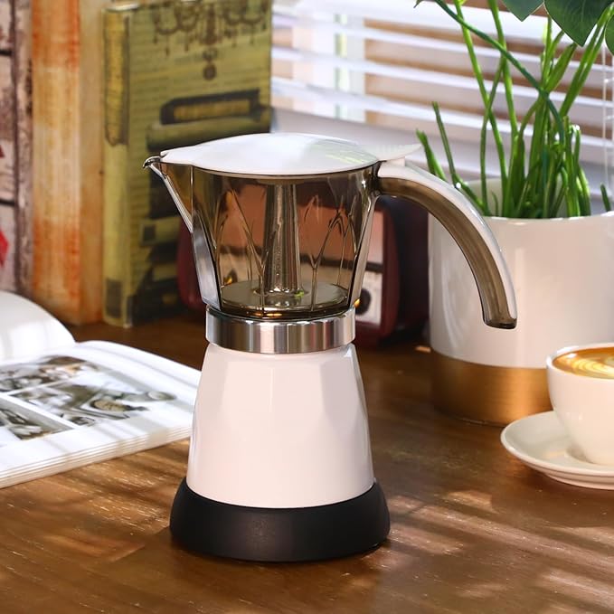 Electric Espresso Maker Transparent Coffee Maker Electric Moka Pot Portable Aluminum Espresso Machine Italian Moka Pot with Detachable Base, Coffee Gift for Women Men Home Travel (White,6 Cup)