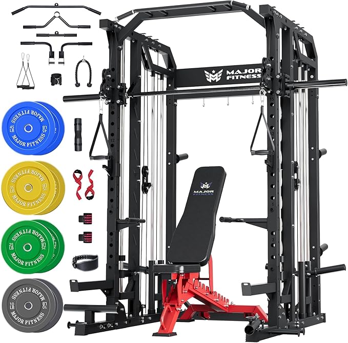 Major Fitness Drone2 Smith△ Machine – All-in-One Home Gym Squat Rack with Weight Bar, Dual LAT Pull-Down Systems & Cable C...