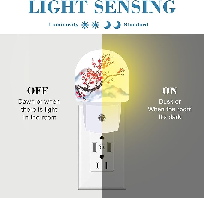 Plug in Night Lights Oriental Cherry Tree Ink Painting Nightlight Plug Into Wall Dusk to Dawn Sensor LED Night Light for Kid Girls Boys Room Decor,Hallway,Kitchen,Bathroom,Nursery,Stairs