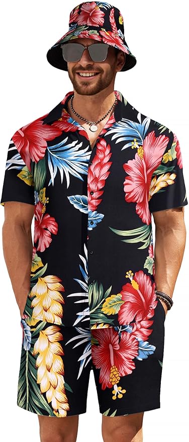 COOFANDY Men's Hawaiian Shirt and Short Set Flower 2-pieces Beach Outfit with Bucket Hats