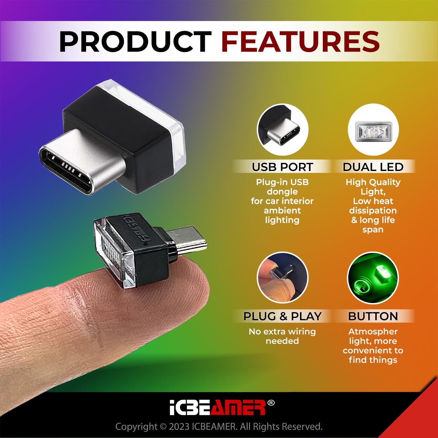 ICBEAMER Type C Adapter Atmosphere Light, Mini USB Night Light, Green, Model TYPE-C-GN-AMA