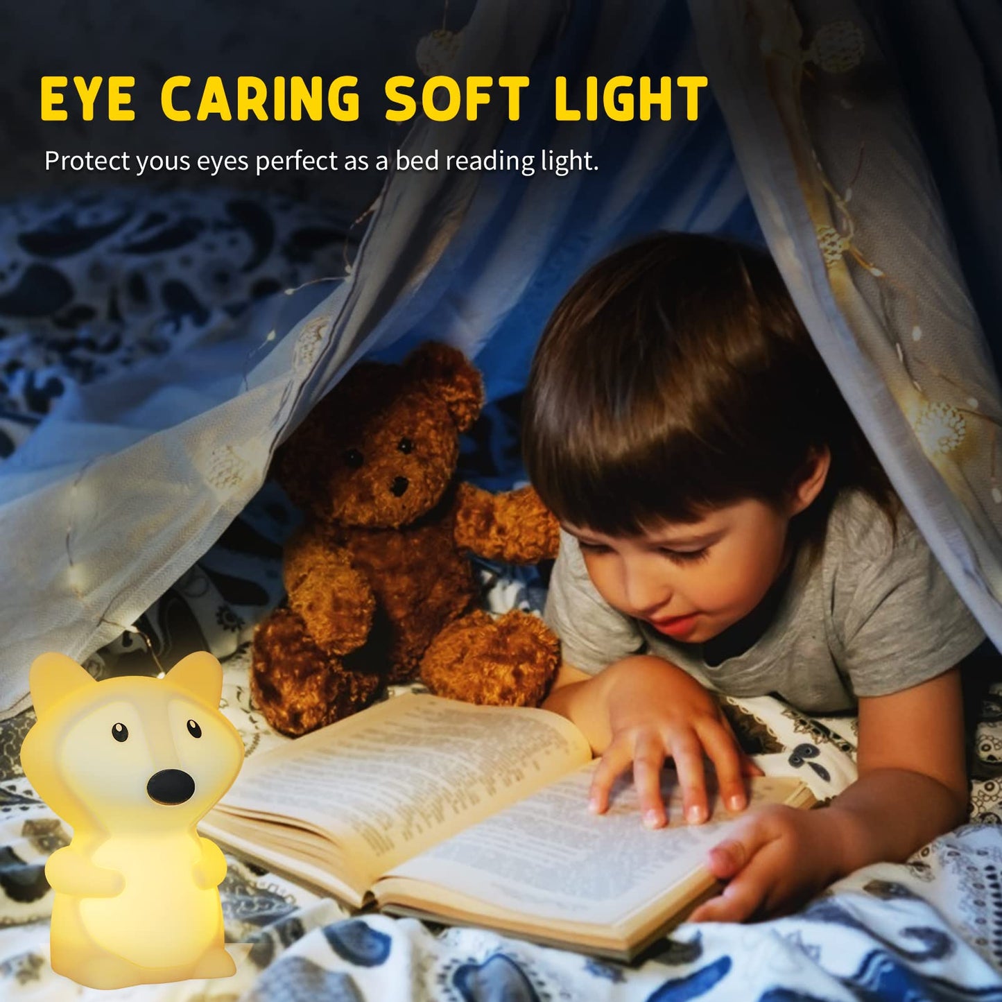 Shaarkmango Led Night Light - Portable Kids Desk Lamp, 9 Colors, Dimmable, Rechargeable, Soft Silicone, Fox Night Light