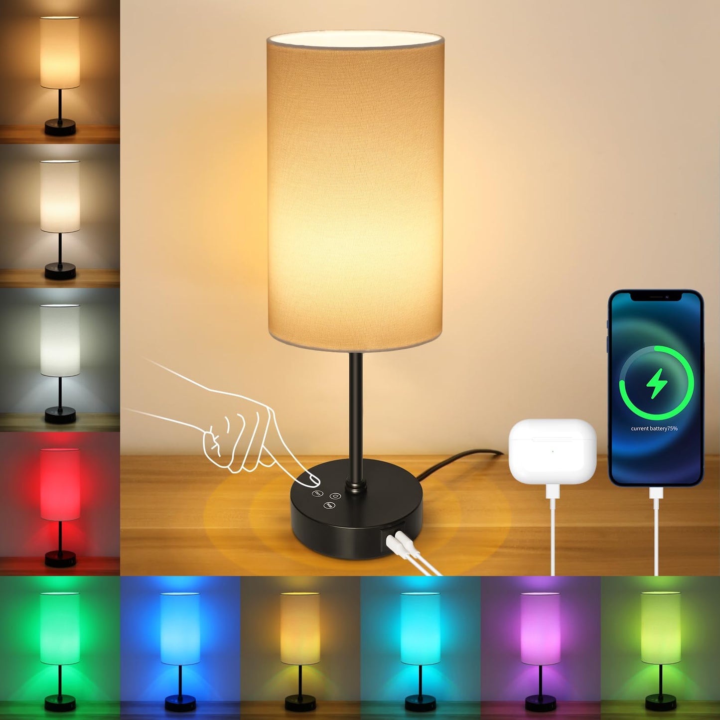 Unicozin Table Lamp 3 CCT RGB Color Changing Stepless Dimmable 17In Cream - Black