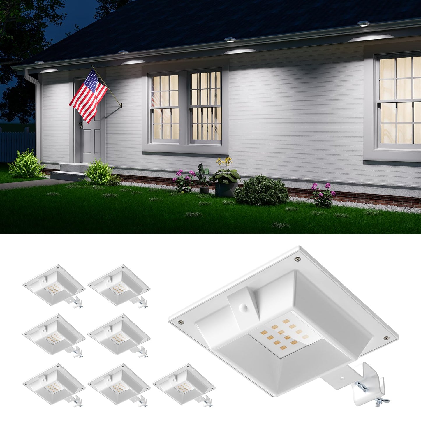 FALOVE 8 Pack Solar Powered Gutter Lights, 12 LEDs, Waterproof, Cool White, Model FA0416-8, for Garden, Deck, Patio Lighting