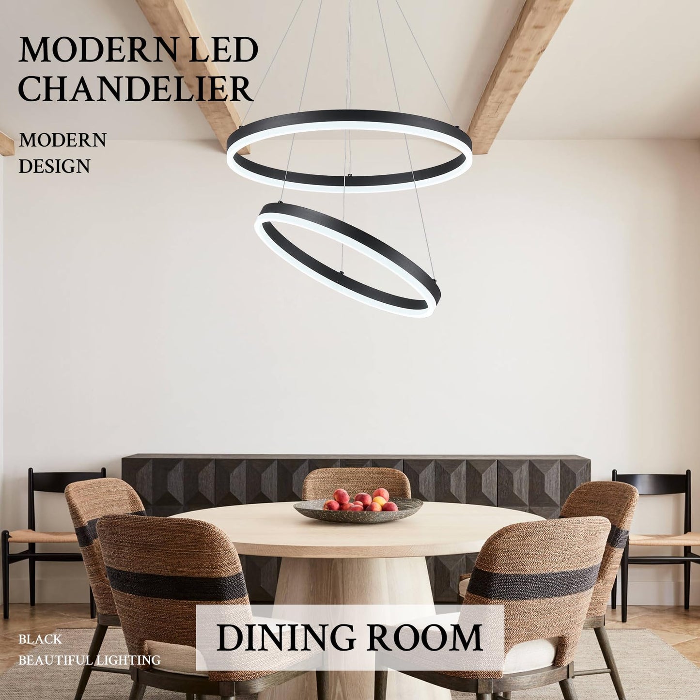 Sparklelf Modern LED Chandelier Pendant Light, Black, 2 Rings, Remote Control, Circular Flush Mount, 3000K-6500K for Living Room, Bedroom, Dining Room