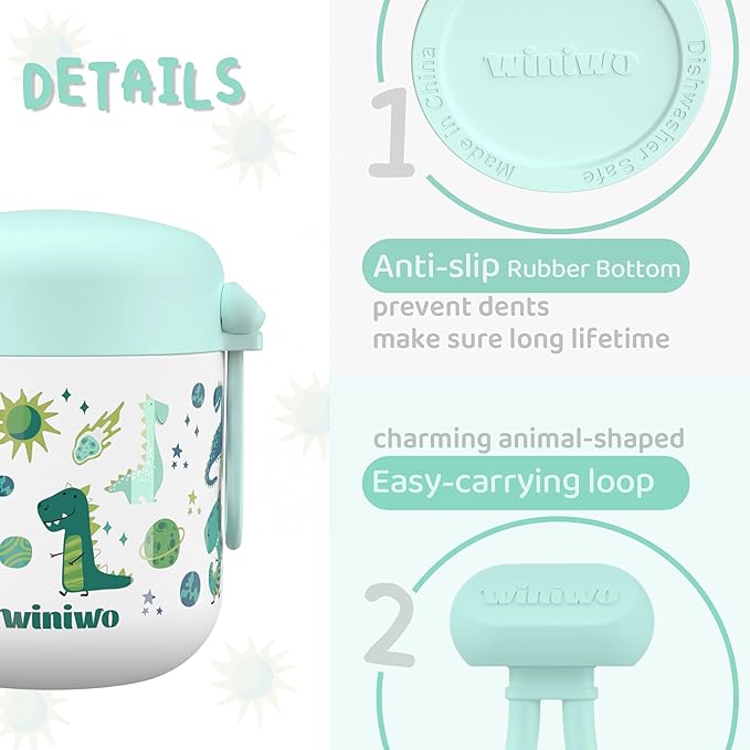12oz Insulated Food Jar for Kids, Easy Carry, Wide Mouth, Thermos for Hot Food, Soup, Salad, Sandwich, School Lunches (Green-Dinosaur)