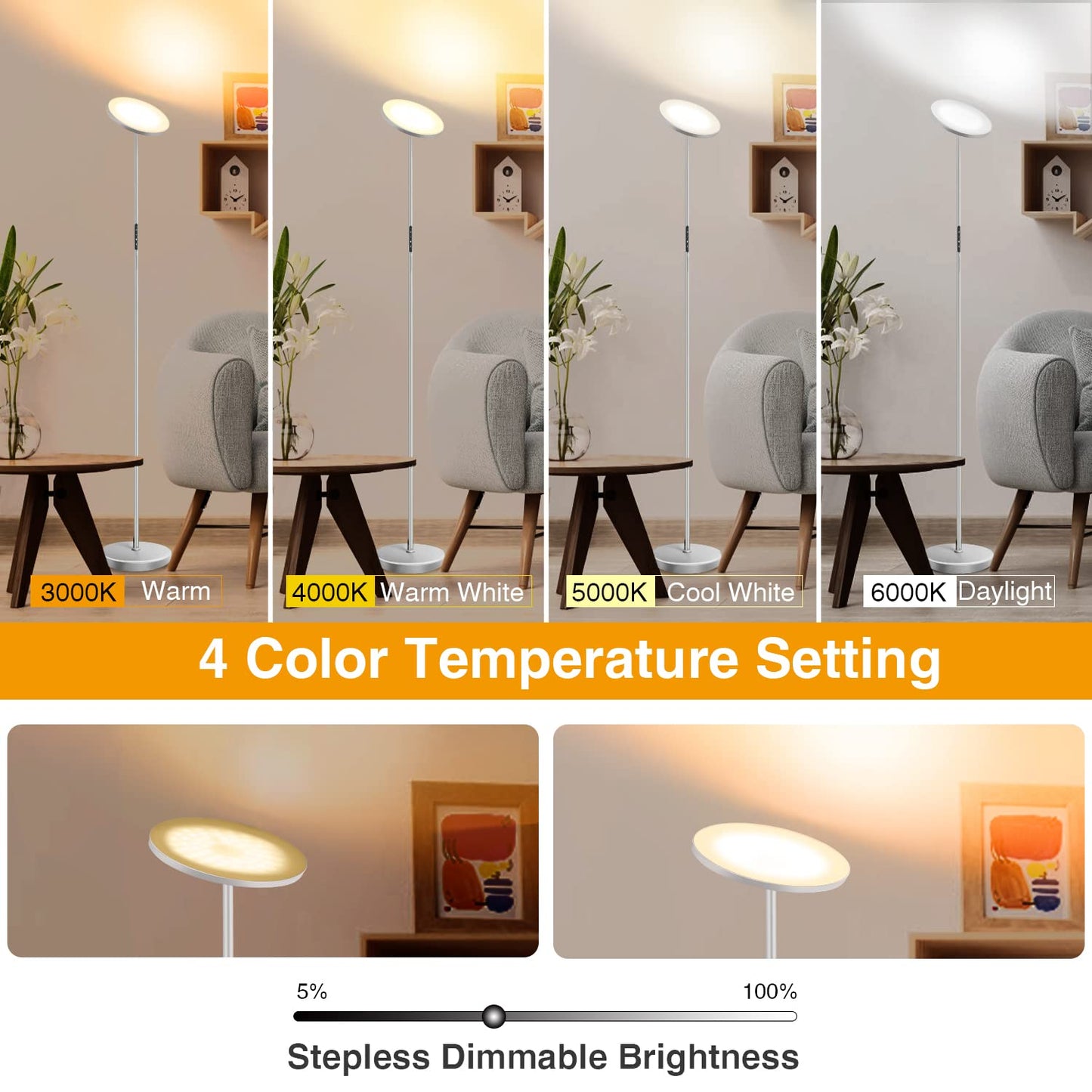 OUTON Floor Lamp, 30W LED Modern Torchiere, Dimmable, 4 Color Temperatures, Remote Touch Control, Silver Grey, Model H10005-SGY-US