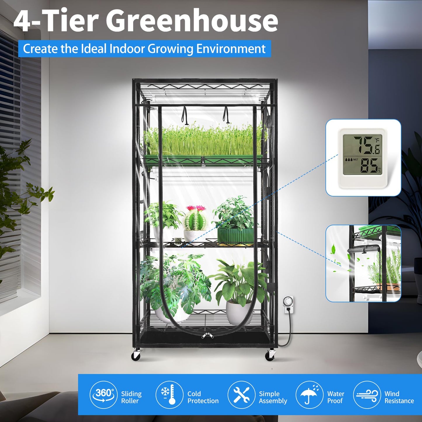 Jesled Indoor Greenhouse With Grow Light  2Ft Full Spectrum 5000K Led Light For Seed Starting  Tiered Lighting Control  Built-In Timer & Thermo-Hygrometer  Rolling Metal Plant Stand (23.6X13.8X59In)