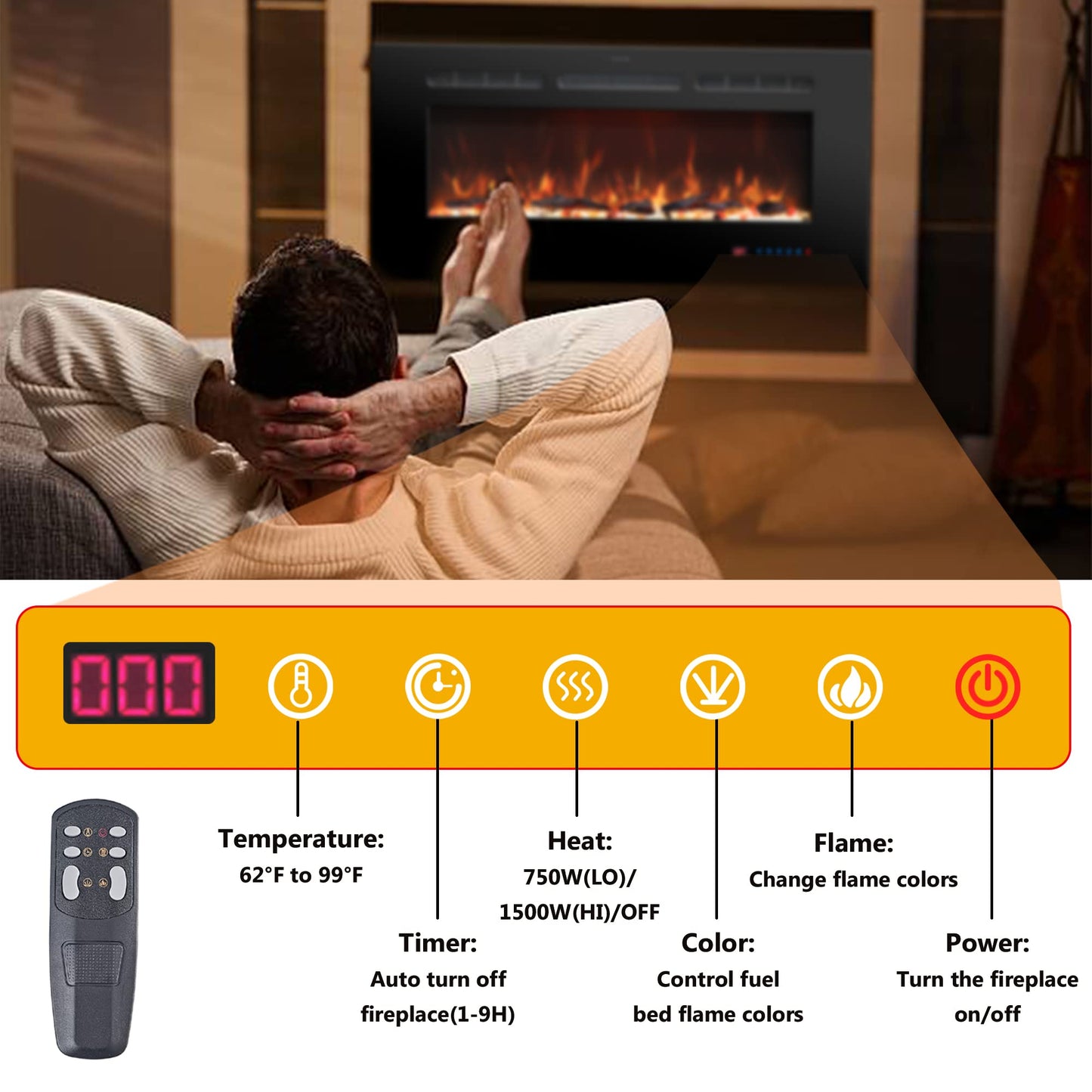 Rodalflame 36 Inches Electric Fireplace Inserts, Recessed And Wall Mounted Fireplace Heater For Indoor Use With Remote Control,