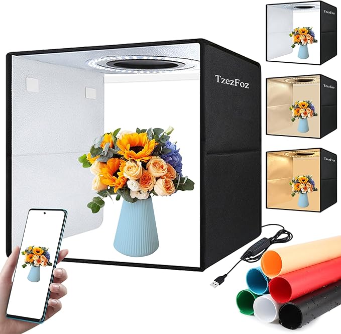 TzezFoz 16x16in Folding Portable Photo Lighting Studio with Ring Light, 224 LEDs 10-Level Dimmable USB Powered Shooting Te...
