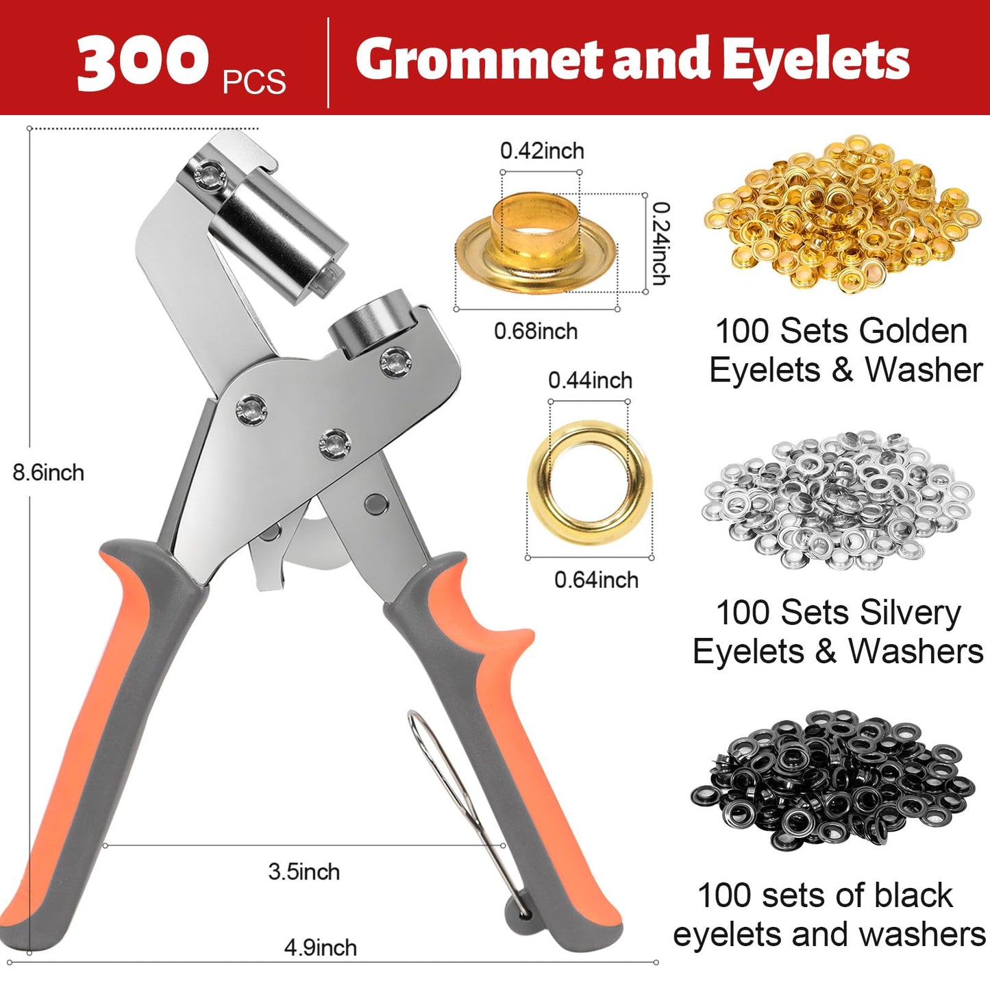 SBGGRL Grommet Tool kit, 3/8 Inch Heavy Duty Eyelets Pliers with 300 pcs 10mm Metal Grommet Set (Gold, Black, Silver) for Tarps, Fabric, Leather, Tents, Vinyl, Canvas