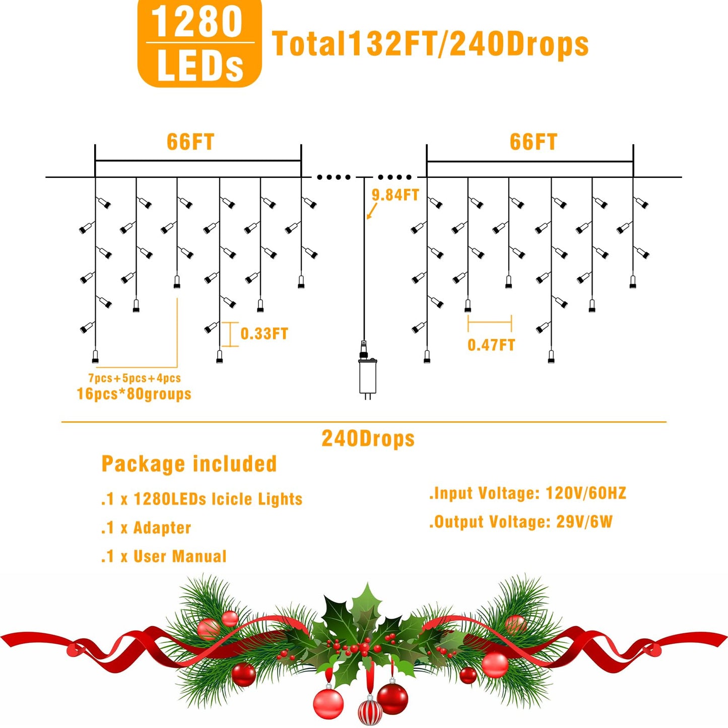 132Ft Icicle Lights For Outside  Blue And White Christmas Lights Outdoor Indoor  1280 Led Twinkle String Light With 240 Drops Curtain Light For Thanksgiving Room Home Wall Bedroom Window Decoration