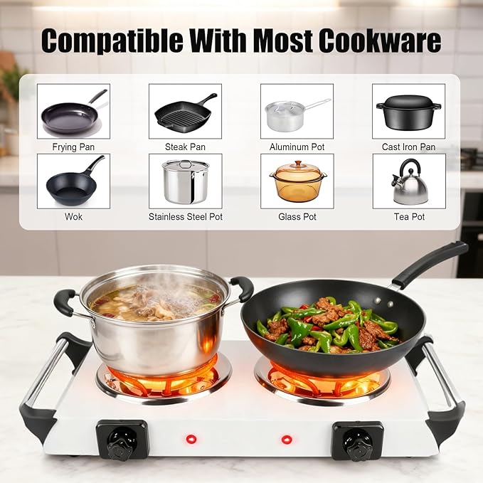 Double Hot Plate, 2000W Portable Countertop Burner & Electric Stove, 5-Level Temp, Portable Handle, Cast Iron Double Burner Cooktop for Home/RV/Camping (White)