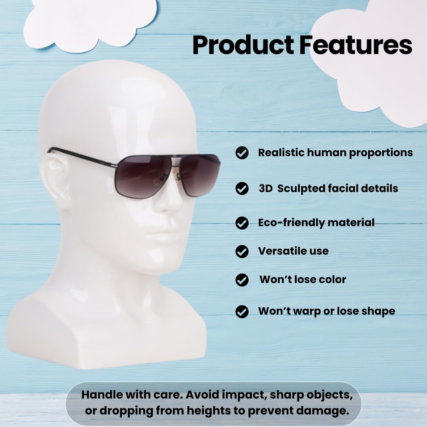 lightmay Male Mannequin Head - 13.7    Bright White Wig Stand for Hats, Wigs, Headphone, Glasses - Great for Styling, Display &