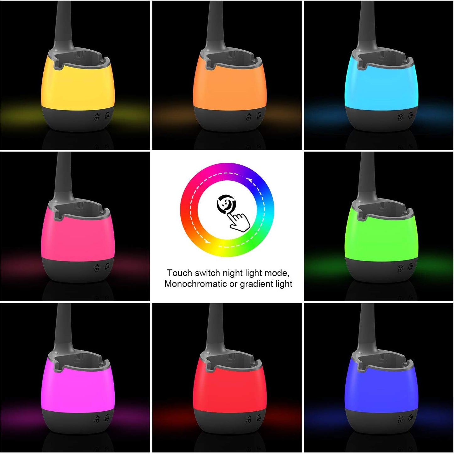 ERAY Kids Desk Lamp LED T22 Rechargeable 2000mAh with Pen Holder, 8 Colors, 3 Brightness Levels, Multicolor