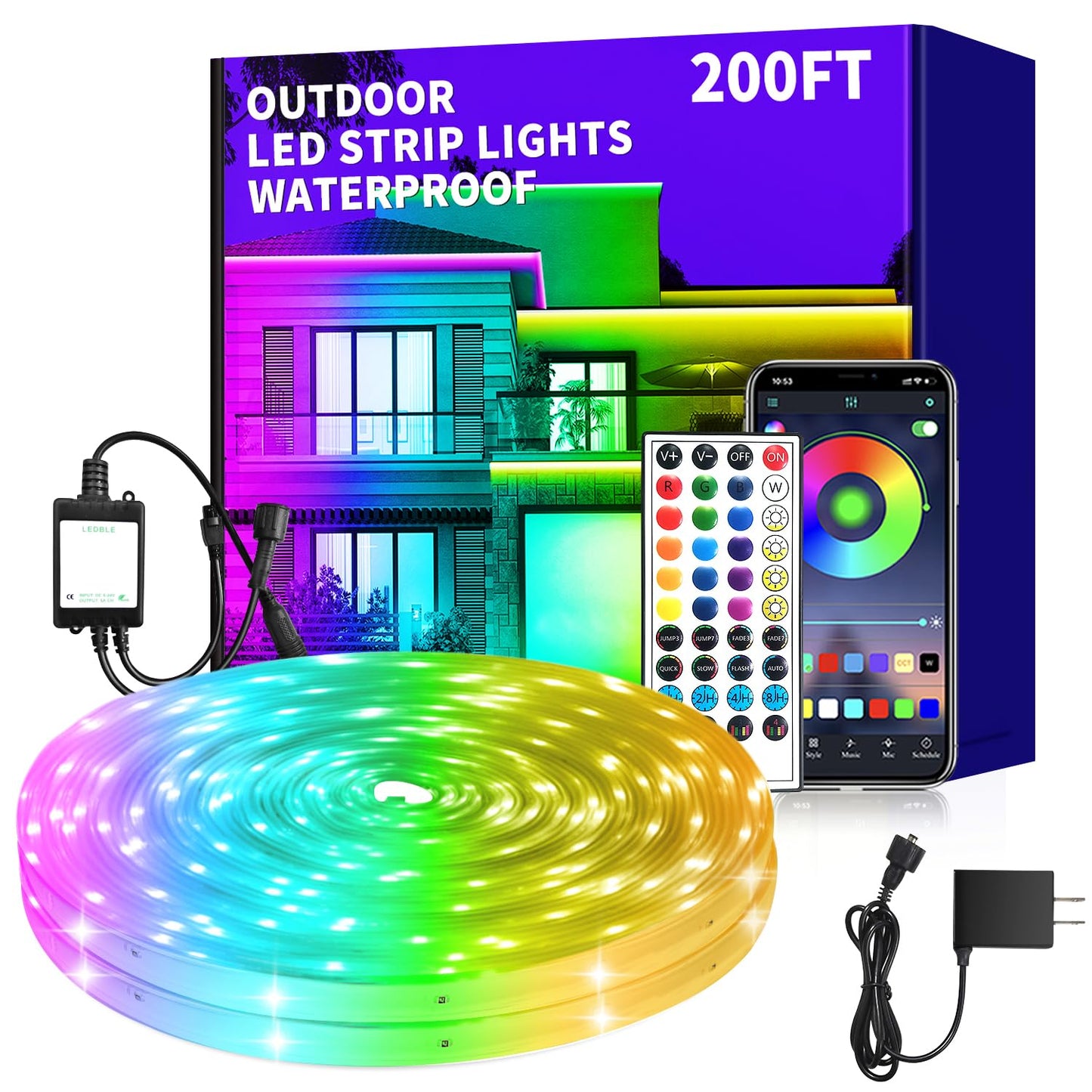 vimeepro Outdoor LED Strip Lights, 200ft Waterproof, RGB Color, APP/Remote Control, Music Sync, Model vimeepro-ledFS200FT02