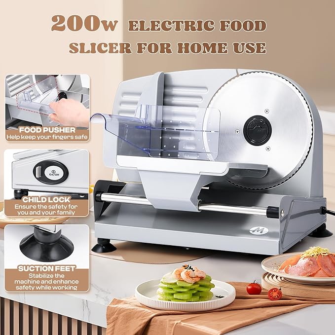 Moongiantgo Electric Meat Slicer 200W With 2 Removable 7.5’’ Stainless Steel Blades, 0-15MM Adjustable Thickness for Home Use, Child Lock Protection, Meat Cheese Bread Deli Food Slicer Machine, 110V