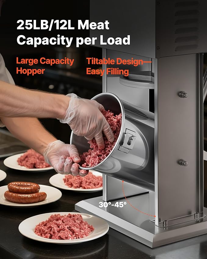 VEVOR Electric Sausage Stuffer, 25 LBS / 12 L Vertical Meat Stuffer, Stepless Speed Control and Foot Pedal, Stainless Steel Heavy Duty Sausage Filler with 4 Stuffing Tubes, for Commercial & Home Use