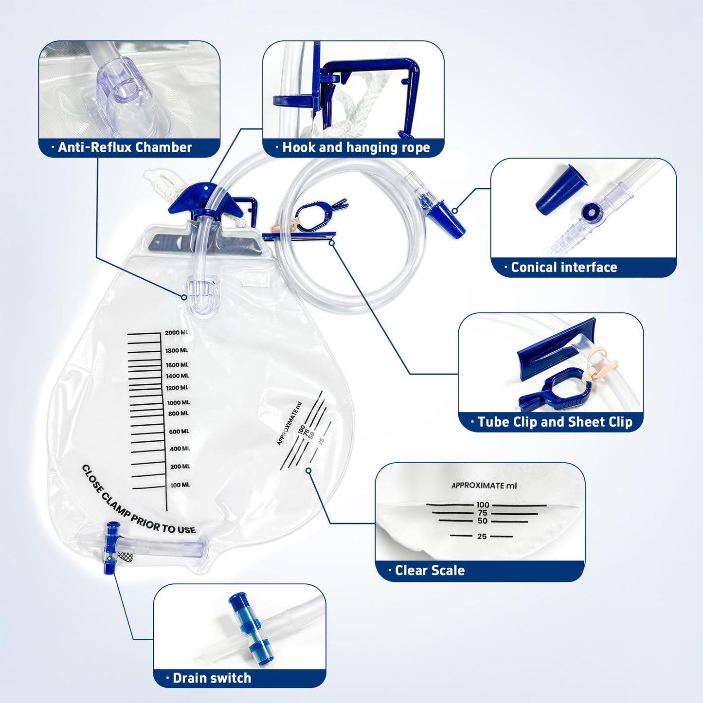 Carbou 2000ml Urine Drainage Bags, 6 Pcs Catheter Bags with Anti-Reflux Chamber - 48" Drainage Tube with Clamp & Hook, Quick-Release Drain Port