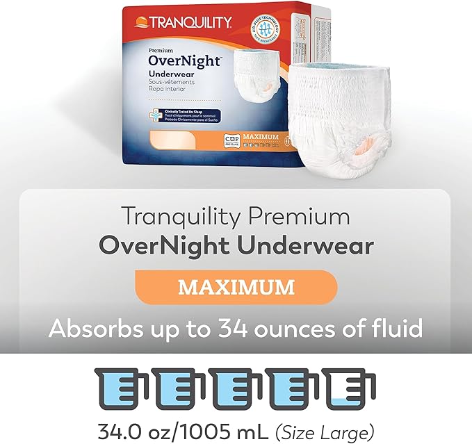 Tranquility Premium OverNight Disposable Absorbent Underwear (64 Count) - L, 44-54 in. Waist - Maximum Absorbency, All-Night Sleep, Breathable Comfort, 64 Adult Diapers