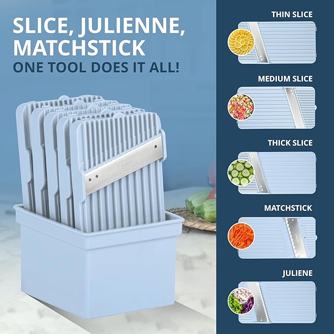 EMSON Safe Mandoline Slicer for Kitchen, All in 1 Mandoline Slicer for Food Works as Potato Slicer, Vegetable Slicer, Food Slicer, French Fry Cutter and More with 5 Blades and Storage Container
