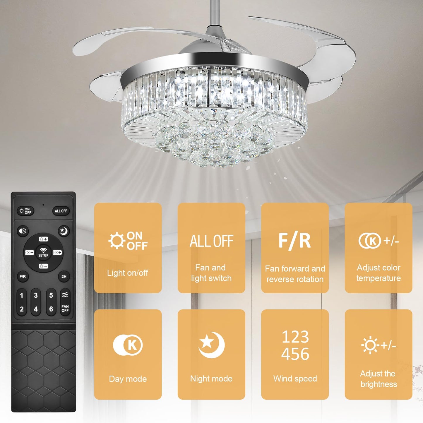Bavnnro Fandelier Ceiling Fan with Light, 36in Silver Retractable Crystal Chandelier, Remote Control, Reversible