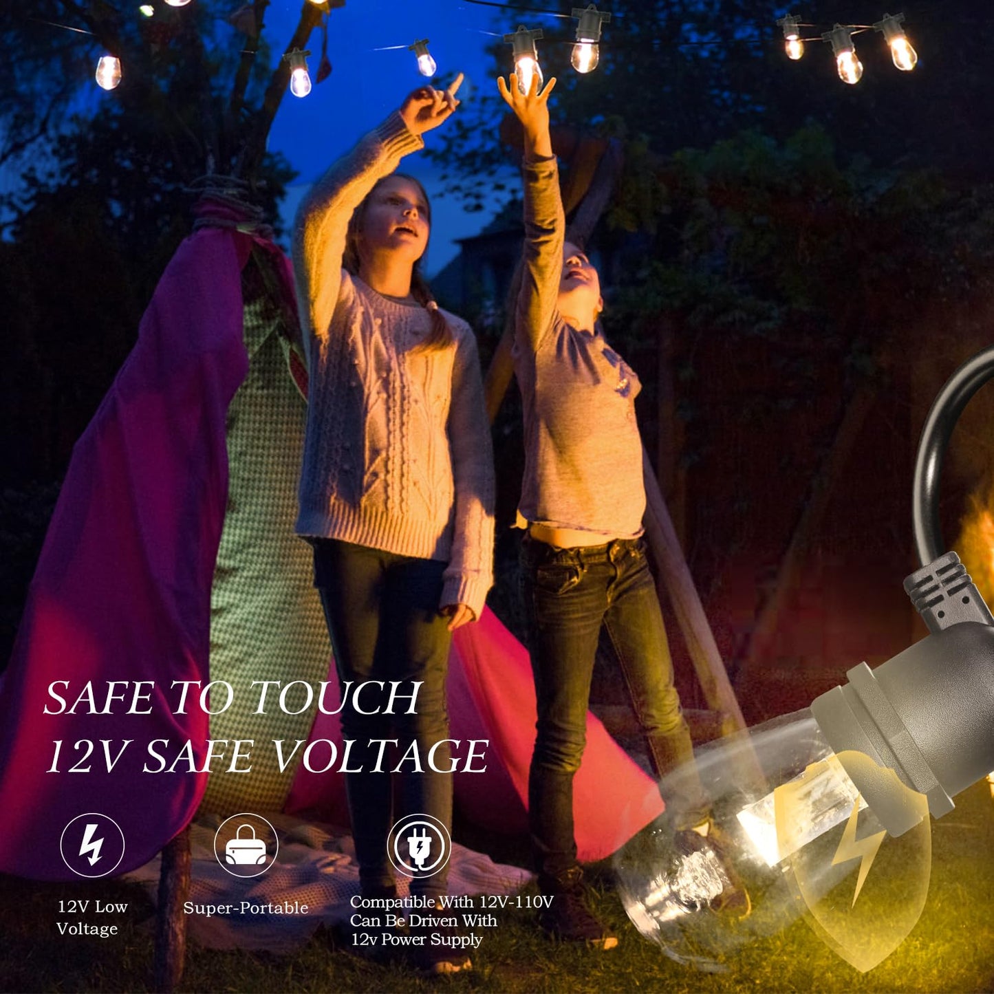 Gana Outdoor String Lights 48Ft, 12V Waterproof Led, 15 E26 Sockets, Shatterproof S14 Bulbs, Ideal For Patio And Garden