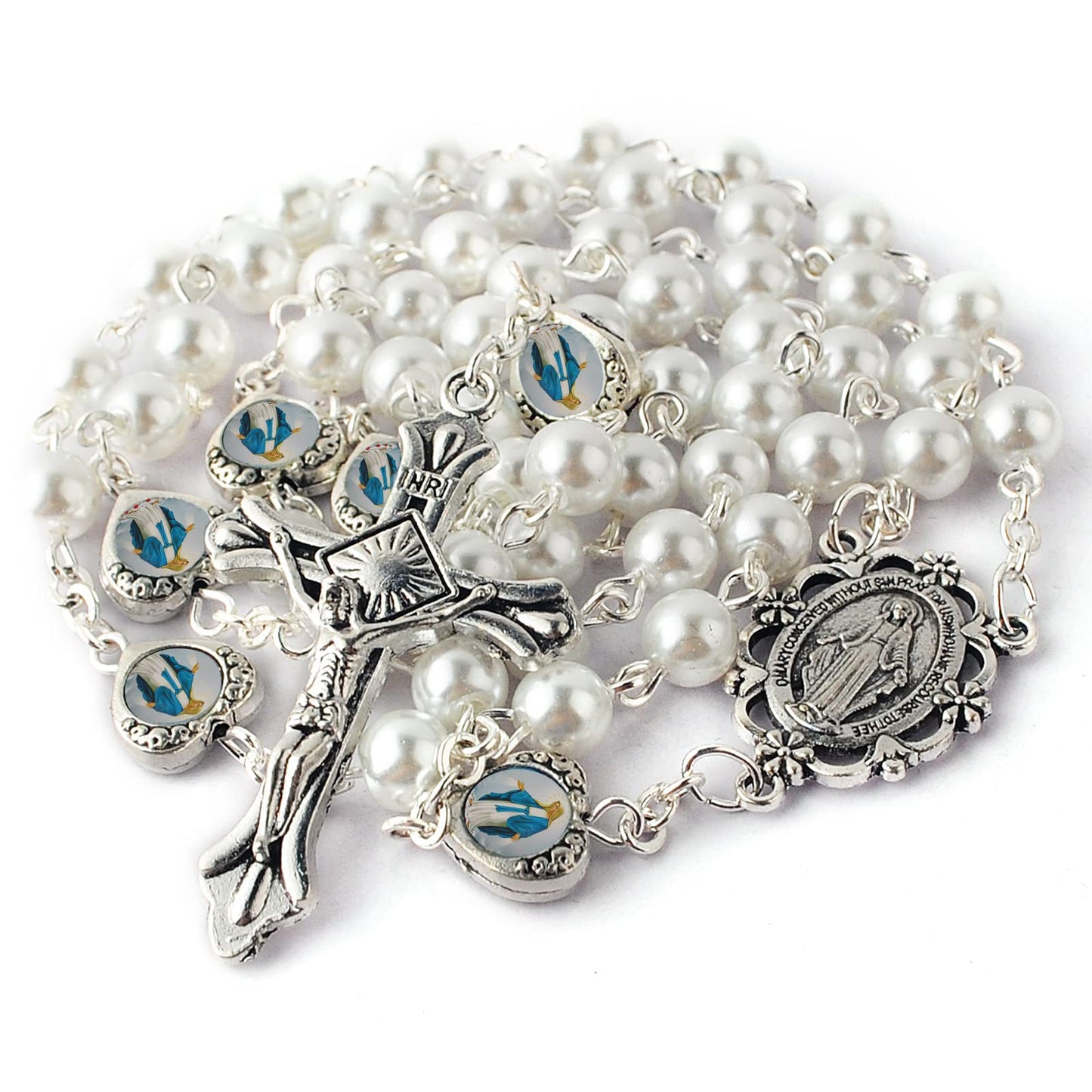 HanlinCC Glass Pearl Beads with Miraculous Epoxy Heart Metal Beads Rosary Necklace pack in Velvet Gift Bag with Rosary Pray Card