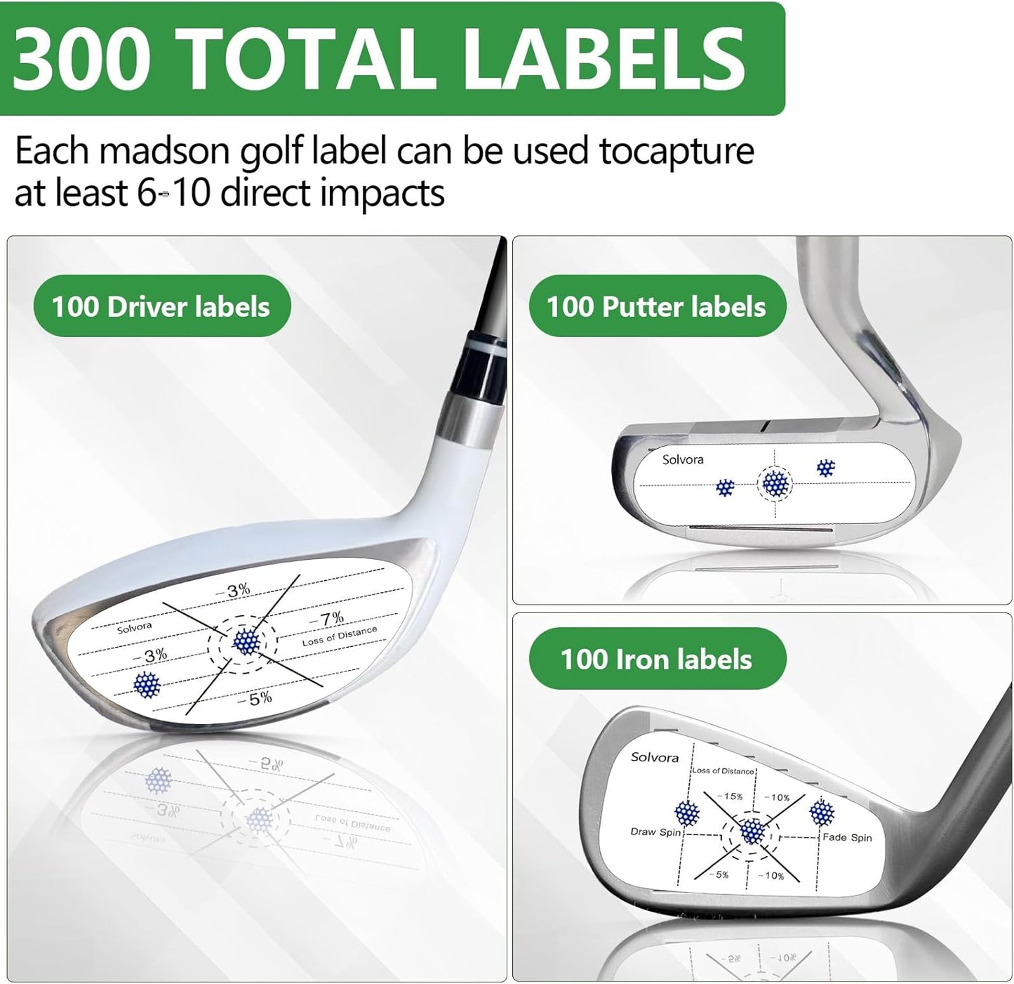 Golf Impact Tape, 300 Pcs Club Impact Stickers for Woods Irons and Putters No Residue Golf Accessories for Swing Practice (300PCS)