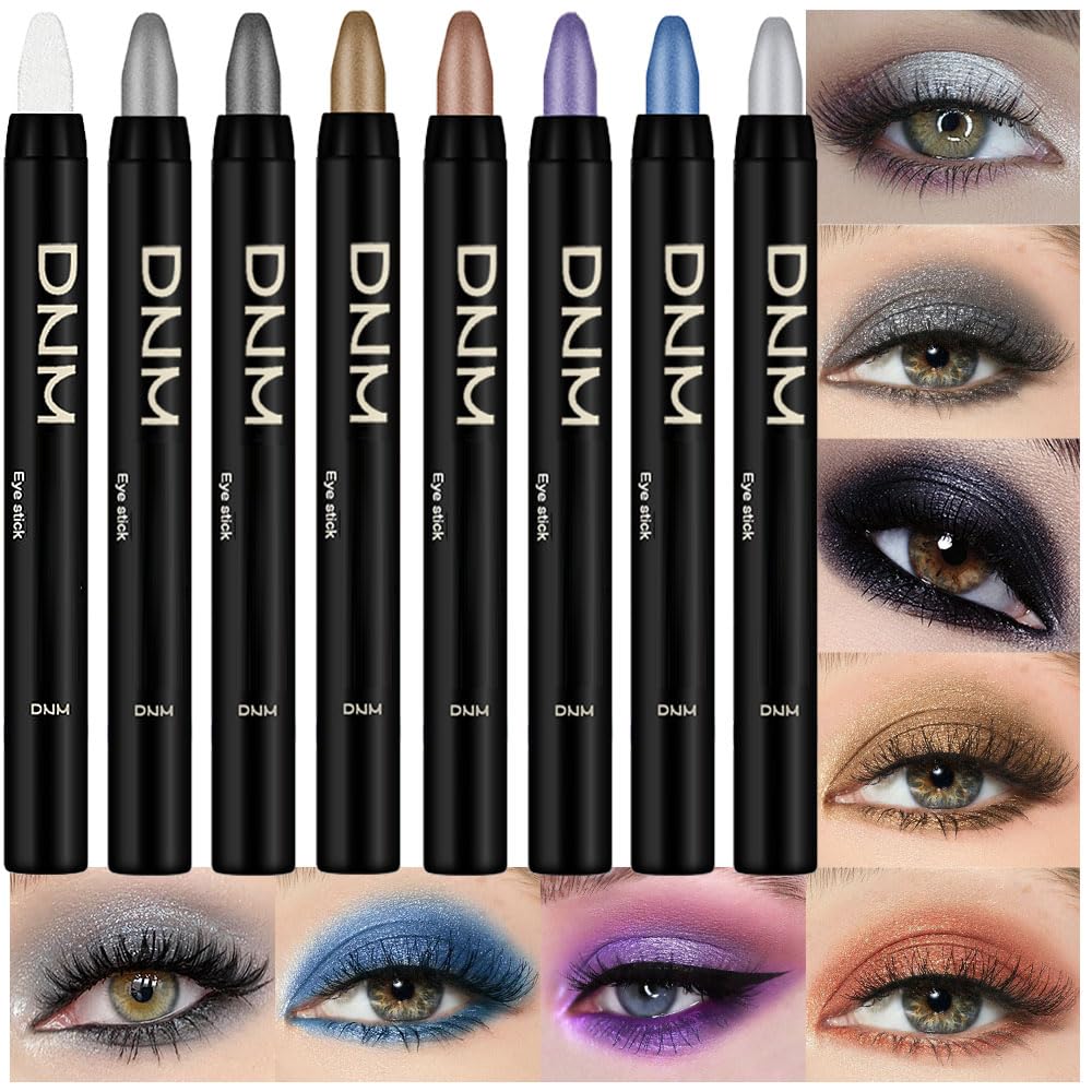 Kaely 8Pcs Cream Eyeshadow Stick Set, Pearl White Black Gray Khaki Royal Blue Vioiet Purple Silver, Shimmer Eyeliner Pencil Eye Shadow Sticks Palette Makeup for Older Women, sombras para ojos 01