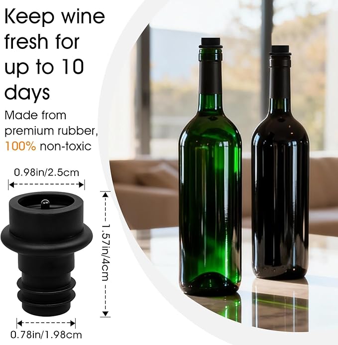 12-Pack Wine Vacuum Stoppers, Reusable Silicone Wine Saver Preserver, Air Seal to Keep Wine Fresh, Universal Black Bottle Sealer Set for Red & White Wine