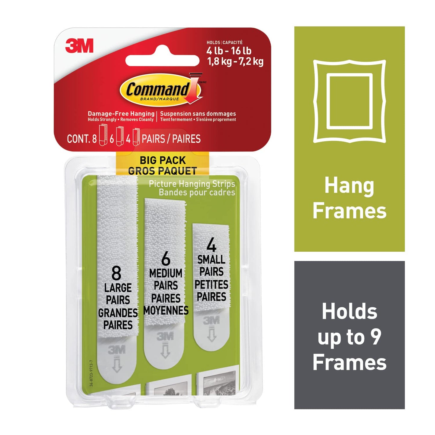 3M Command Picture Hanging Strips Big Pack, Removable, (4) Small, (6) Medium, (8) Large, White, 18 Pairs/Pack
