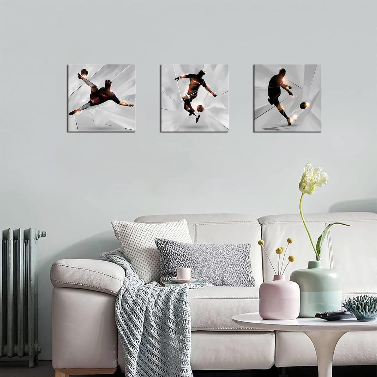 KLVOS Soccer Wall Art Prints Boy Room Sports Theme Decor Stretched and Gallery Wrap Modern Home Decoration for Man Cave Bedroom Ready to Hang - 12x12inchx3 Panel