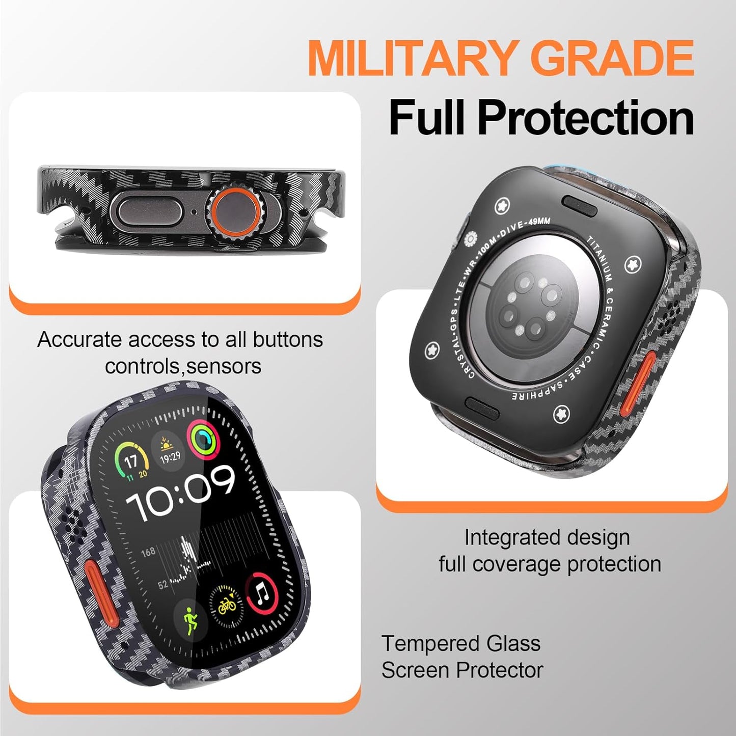 Metal Case Screen Protector for Apple Watch Ultra 3/2/Ultra 49mm, Rugged Bumper Thin Frame + 9H Tempered Glass Film + Ceramic-Like Back Cover, Shockproof Lightweight