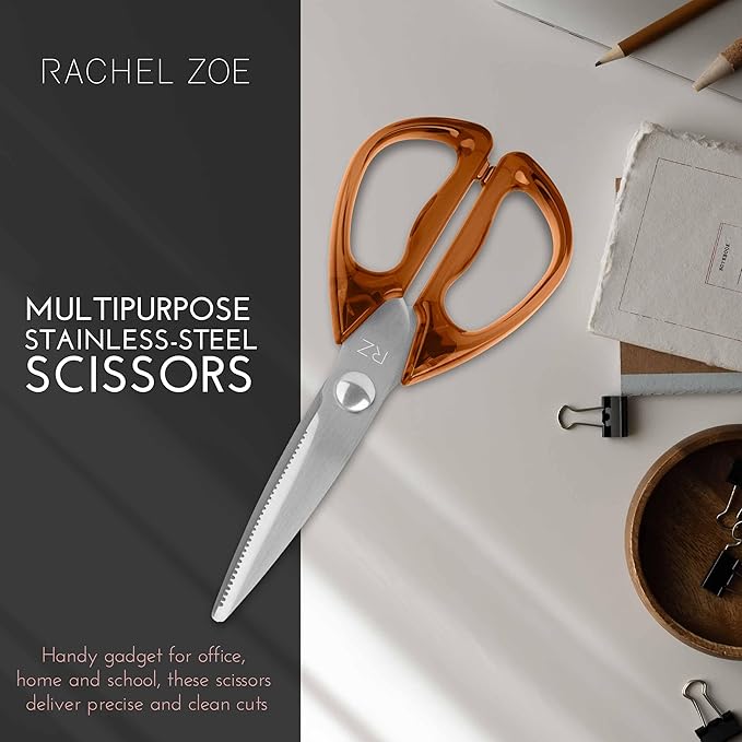 Rachel Zoe All Purpose Scissors, Scissors for Office, School or Art, Stainless Steel Sharp Shears with Large Handles, Dishwasher Safe (Brown/Silver)