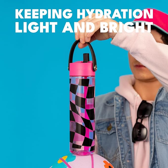 Elemental Splash Water Bottle with Straw - BPA-Free Tritan Plastic Reusable Water Bottle with Strap - Ideal for Travel, Gym and Sports - Leak Proof when Spout is Closed - 26oz - Pink Checkers