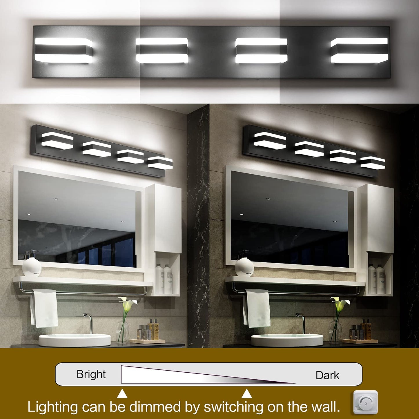 SOLFART 4-Light Dimmable LED Bathroom Light Fixture, Matt Black Vanity Light, Model S8568-4T-6000K