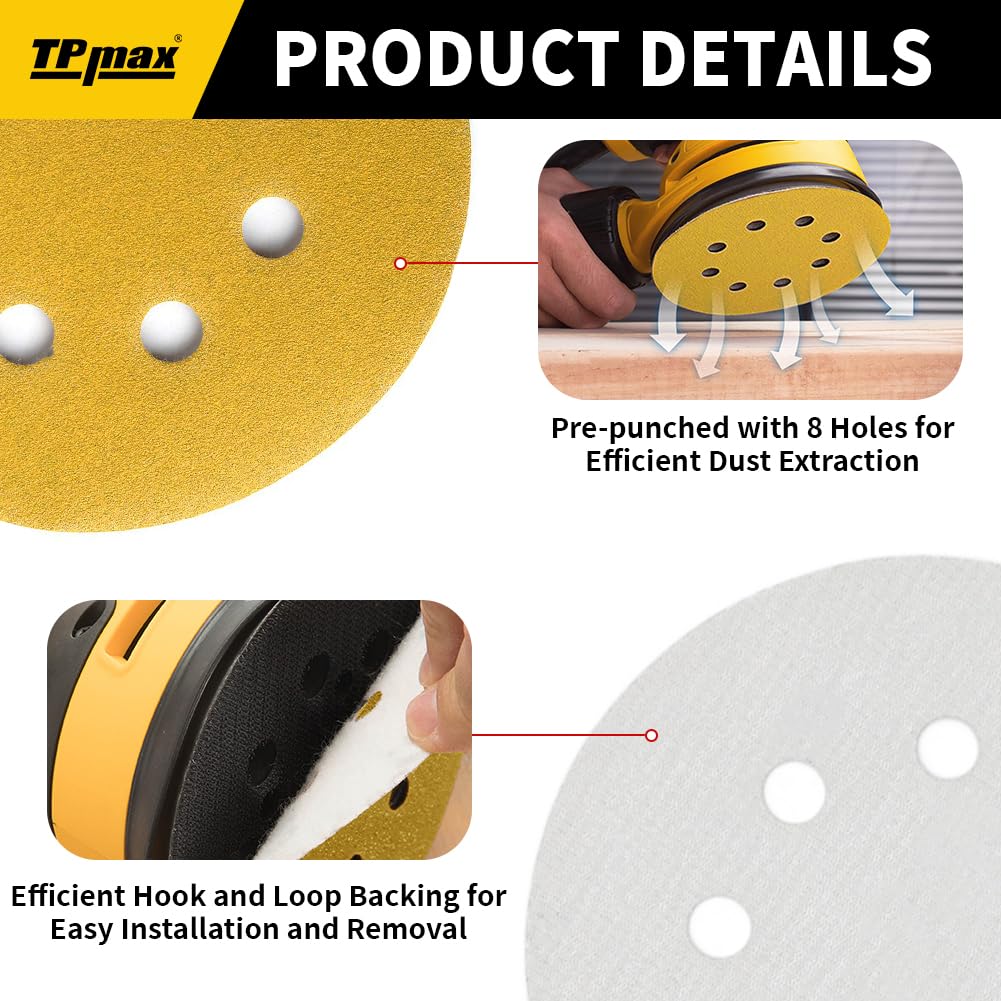 100PCS 5 Inch 240 Grit 125mm 8 Hole Sanding Discs Sandpaper - Premium Gold Round Hook and Loop for Random Orbital Sander - Ideal for Wood, Metal, Automotive